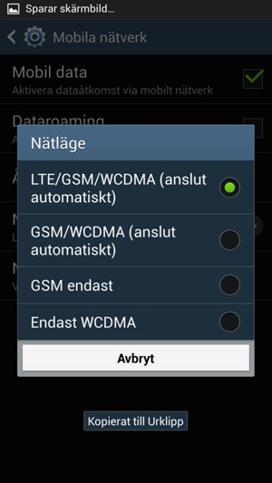 Välj GSM/WCDMA (anslut automatiskt) för att aktivera 3G och LTE/GSM/WCDMA (anslut automatiskt) för att aktivera 4G