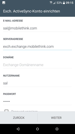 Geben Sie Exchange Server-Adresse und NUTZERNAME ein. Wählen Sie WEITER