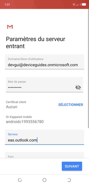 Saisissez votre Nom d'utilisateur et l'adresse du serveur Exchange. Sélectionnez SUIVANT