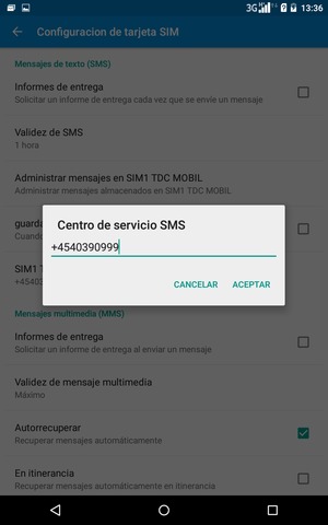 Introduzca el número de Centro de servicio SMS y seleccione ACEPTAR