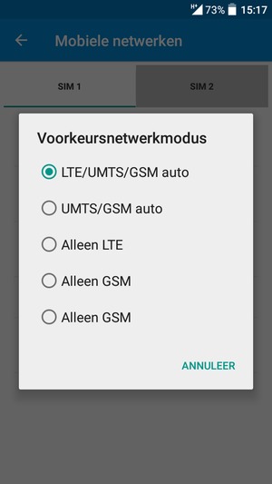 Selecteer UMTS/GSM auto om 3G in te schakelen en LTE/UMTS/GSM auto om 4G in te schakelen