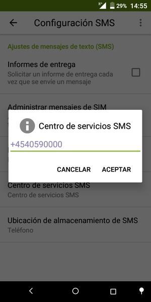 Introduzca el número de Centro de servicios SMS y seleccione ACEPTAR