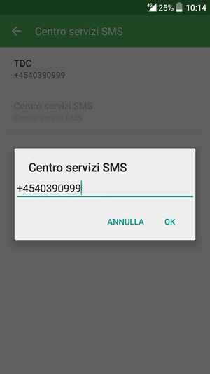 Inserisci il numero di Centro servizi SMS e seleziona OK