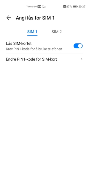 Velg SIM 1 eller SIM 2 og velg Endre PIN-kode for SIM-kort