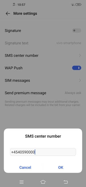 Enter the SMS center number number and select OK