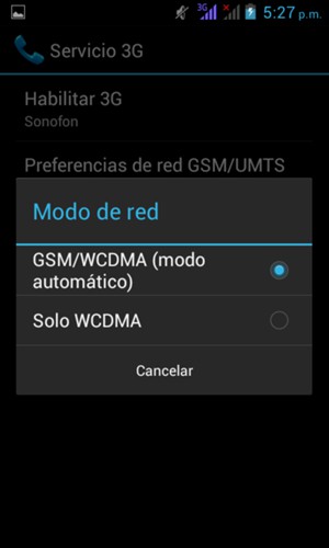 Seleccione GSM/WCDMA (modo automático) para habilitar 2G/3G y Solo WCDMA para habilitar 3G