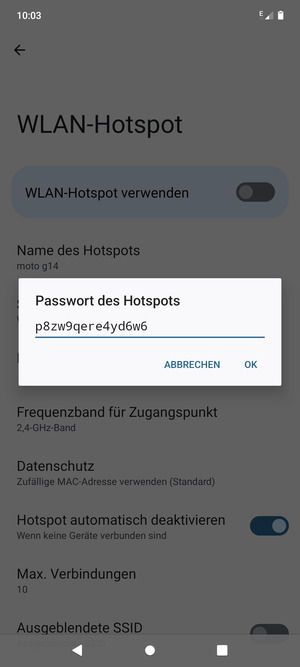 Geben Sie eine WLAN-Hotspot-Passwort mit mindestens 8 Zeichen ein und wählen Sie OK