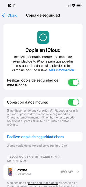 Active Realizar copia de seguridad de este iPhone