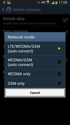 Select WCDMA/GSM (auto connect) to enable 3G and LTE/WCDMA/GSM (auto connect) to enable 4G