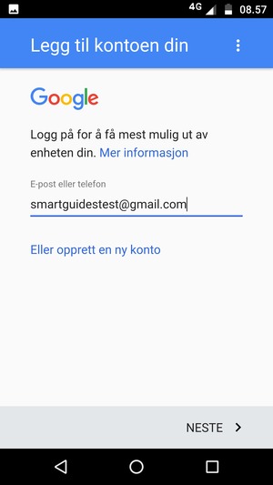 Skriv inn din Gmail-adresse og velg NESTE
