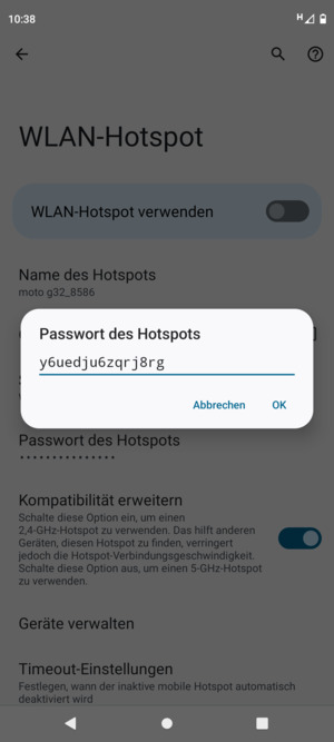 Geben Sie eine WLAN-Hotspot-Passwort mit mindestens 8 Zeichen ein und wählen Sie OK