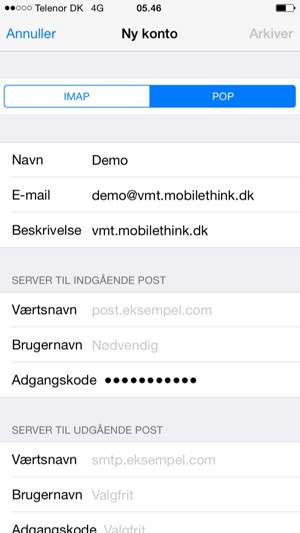 Vælg POP3 eller IMAP og indtast e-mail oplysninger for SERVER TIL INDGÅENDE POST