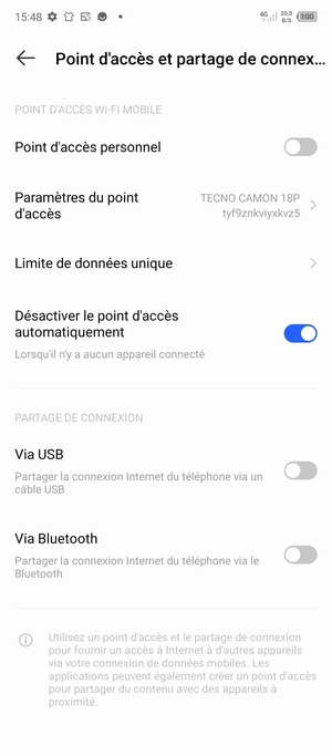 Activer le Point d'accès et partage de connexion