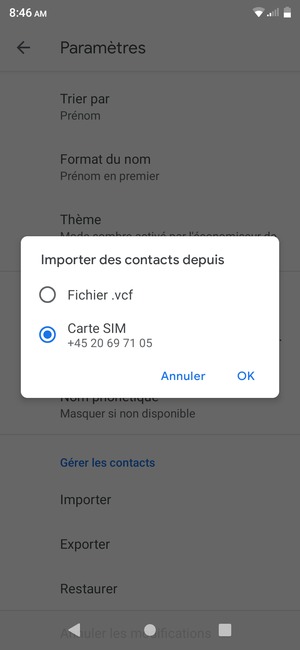 Sélectionnez Carte SIM puis OK