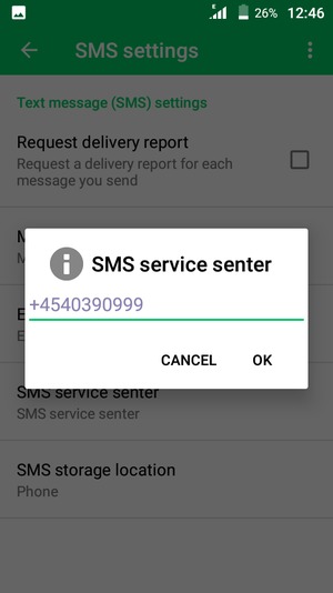 Enter the SMS service senter number and select OK