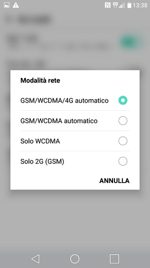 Seleziona GSM/WCDMA automatico per abilitare 3G e GSM/WCDMA/4G automatico  per abilitare 4G