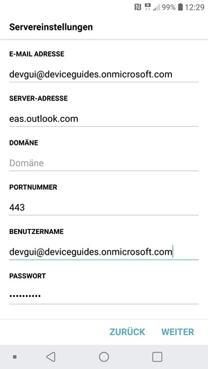 Geben Sie Exchange Server-Adresse und Benutzername ein. Wählen Sie WEITER