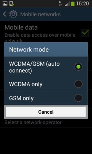 Select GSM only to enable 2G and GSM/WCDMA (auto connect) to enable 3G