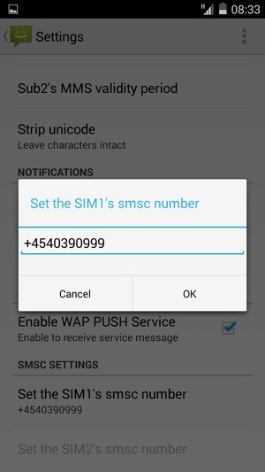 Enter the SMS Service Centre number / SIM's smsc number number and select OK