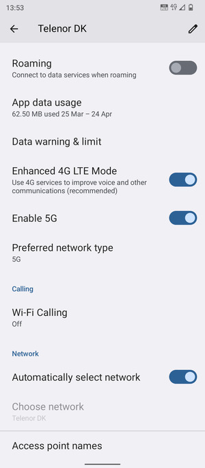 Scroll to and select Preferred network type