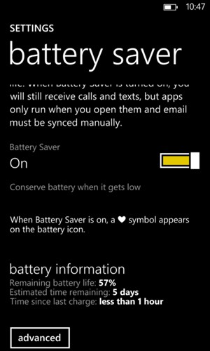Turn on battery saver and select advanced