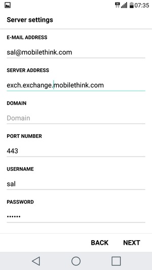 Enter Exchange server address and Username. Select NEXT