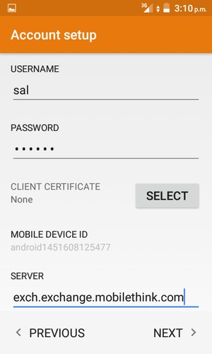 Enter Username and Exchange Server address. Select Next