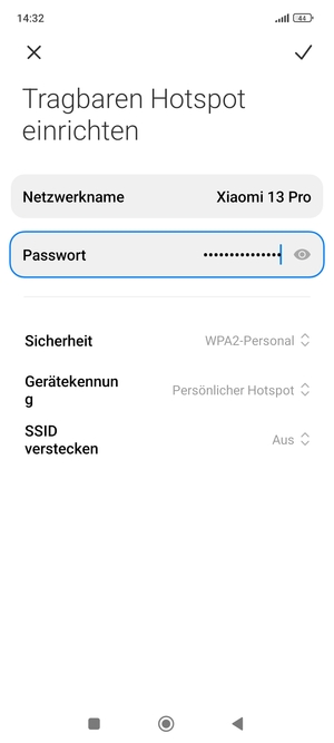Geben Sie eine WLAN-Hotspot-Passwort mit mindestens 8 Zeichen ein und wählen Sie SPAREN