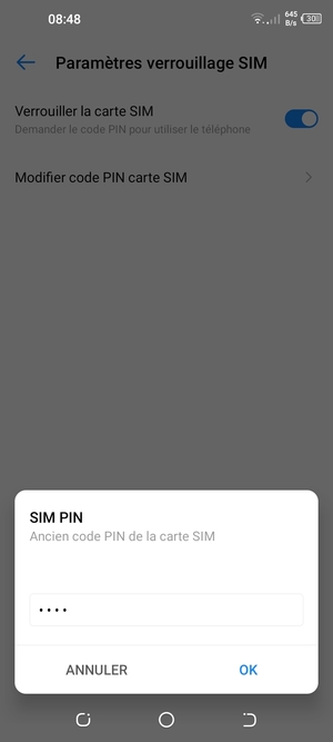 Saisissez votre Ancien code PIN care SIM et sélectionnez OK