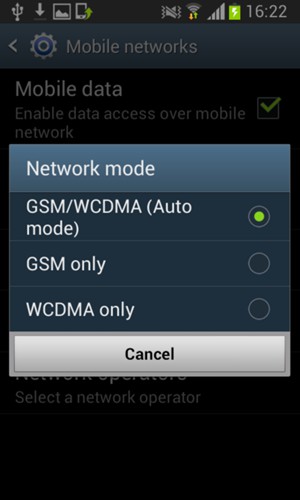 Select GSM only to enable 2G and GSM/WCDMA (Auto mode) to enable 3G