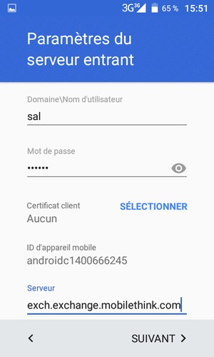 Saisissez votre Nom d'utilisateur et l'adresse du serveur Exchange. Sélectionnez SUIVANT