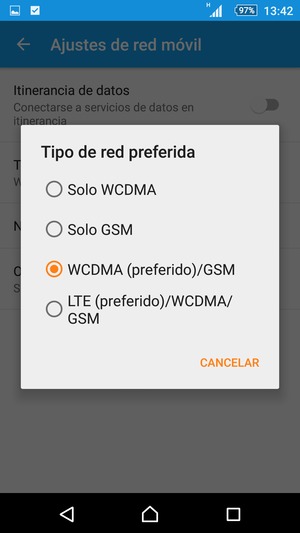 Seleccione WCDMA (preferido)/GSM para habilitar 3G