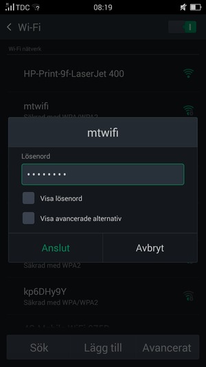 Ange lösenord till Wi-Fi och välj Anslut