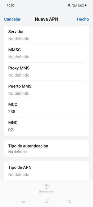 Desplácese hacia abajo e introduzca la información de MMS