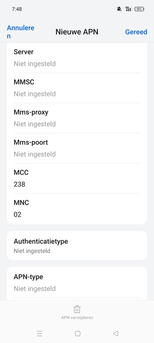 Scroll naar beneden en voer mms-gegevens in