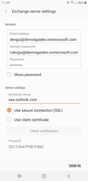 Enter Username and Exchange server address. Select SIGN IN