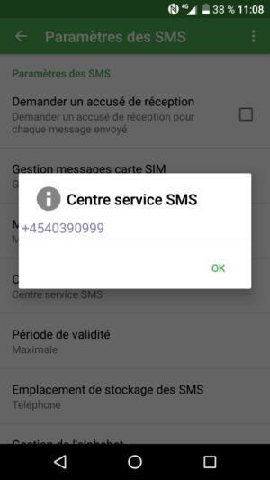 Saisissez le numéro du Centre service SMS et sélectionnez OK