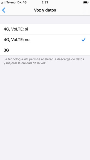 Para desactivar las llamadas VoLTE, seleccione 4G, VoLTE: no