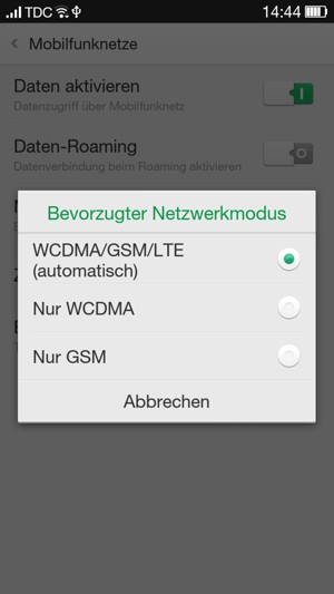 Wählen Sie Nur WCDMA, um 3G zu aktivieren und WCDMA/GSM/LTE (automatisch), um 4G zu aktivieren