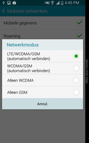 Selecteer WCDMA/GSM (automatisch verbinden) om 3G in te schakelen en LTE/WCDMA/GSM (automatisch verbinden) om 4G in te schakelen