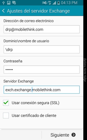 Introduzca Nombre de usuario y la dirección de servidor Exchange. Seleccione Siguiente