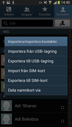 Välj Import från SIM-kort