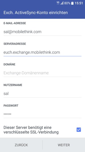 Geben Sie Exchange Server-Adresse und Nutzername ein. Wählen Sie WEITER
