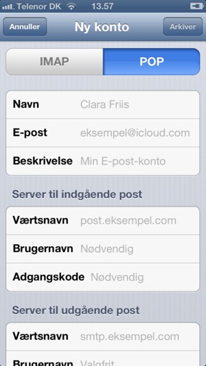 Vælg POP3 eller IMAP og indtast e-mail oplysninger for Server til indgående post
