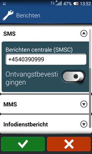 Voer het Berichten centrale (SMSC) nummer in en selecteer OK