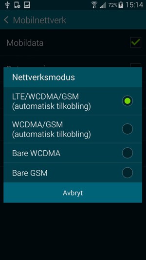 Velg WCDMA/GSM (automatisk tilkobling) for å aktivere 3G og velg LTE/WCDMA/GSM (automatisk tilkobling) for å aktivere 4G