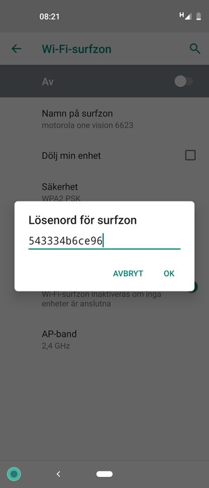 Ange ett lösenord för Wi-Fi-hotspoten, bestående av minst 8 tecken och välj OK