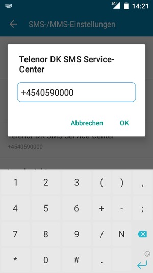 Geben Sie die SMS Service-Center Nummer ein und wählen Sie OK