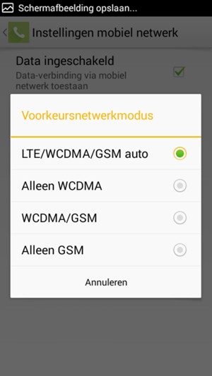Selecteer WCDMA/GSM om 3G in te schakelen en LTE/WCDMA/GSM auto om 4G in te schakelen