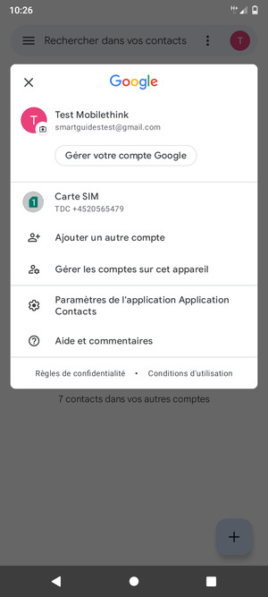 Sélectionnez Paramètres de l'application Application Contacts